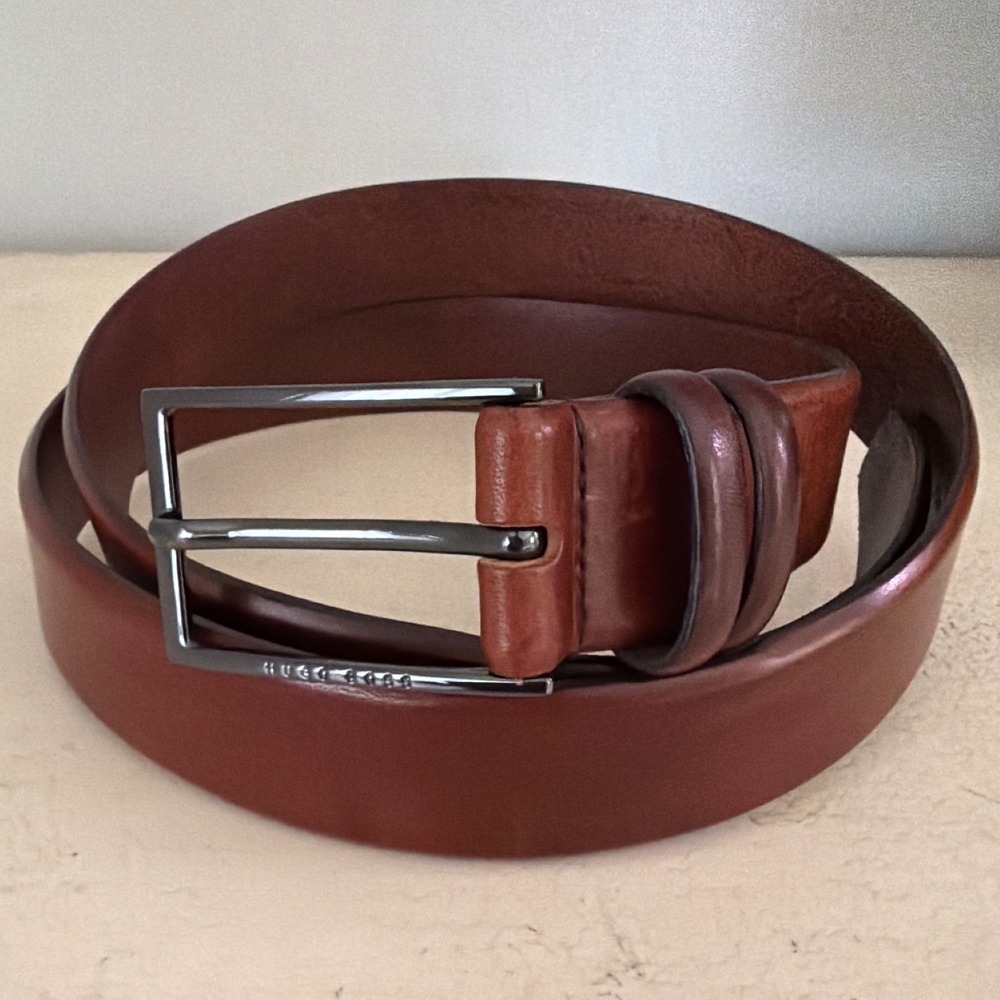 Hugo Boss Carmello Brown Leather Belt Mens 50289979 Handmade Tunisia Gunmetal